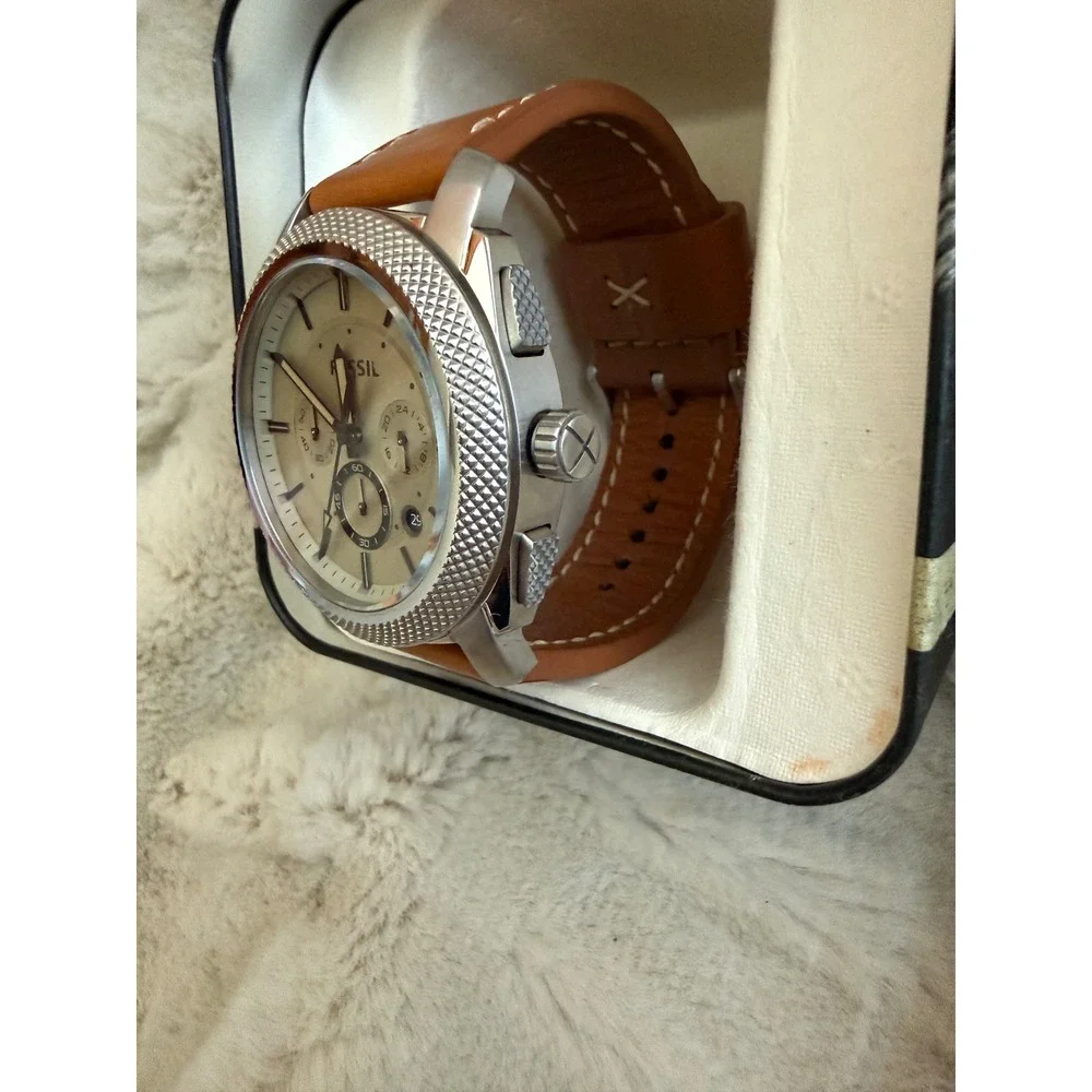 Fossil Machine Chronograph Mens Watch Tan Leather Strap FS4659 Silver Case